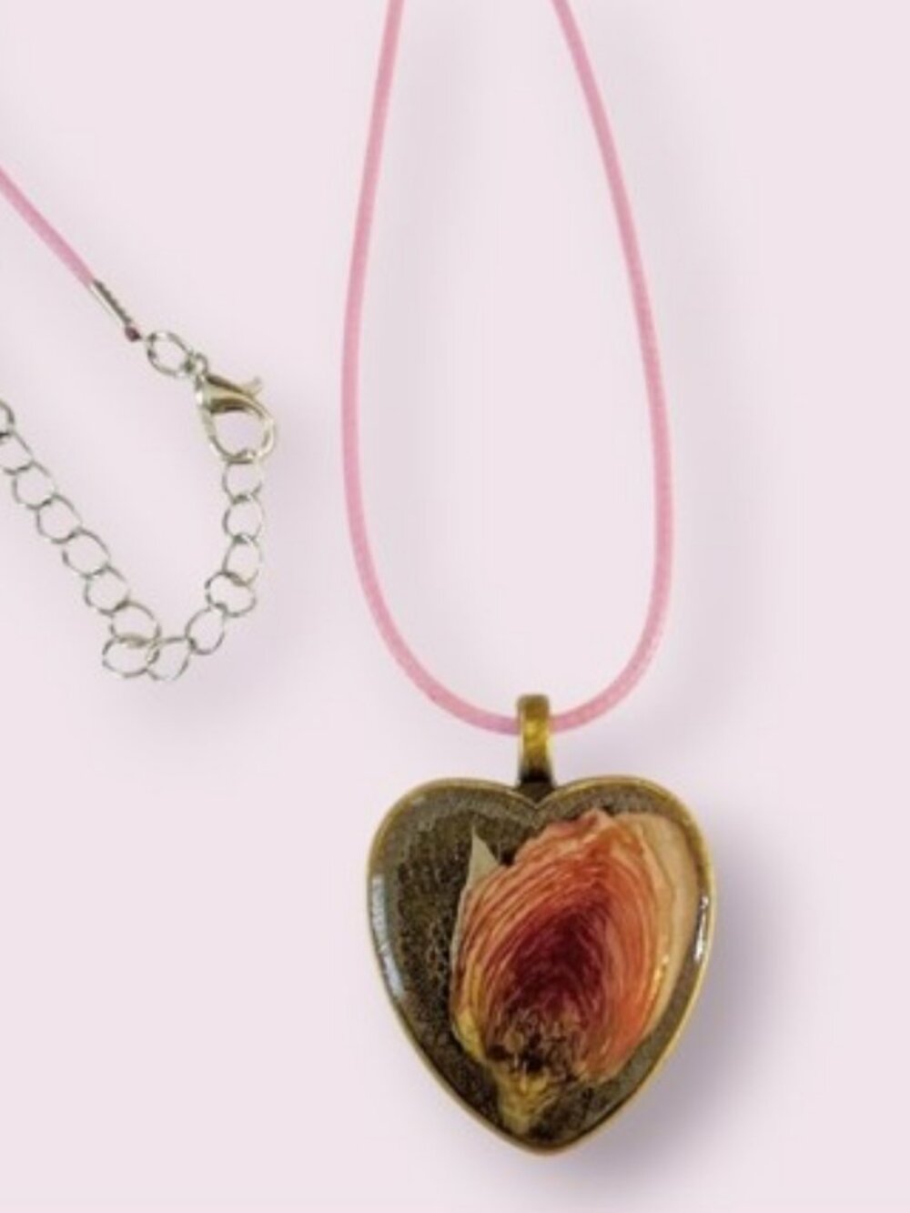 Heart Bronze Pendant Necklace Dried Press Flower Rose Pink Bohemian Cottagecore